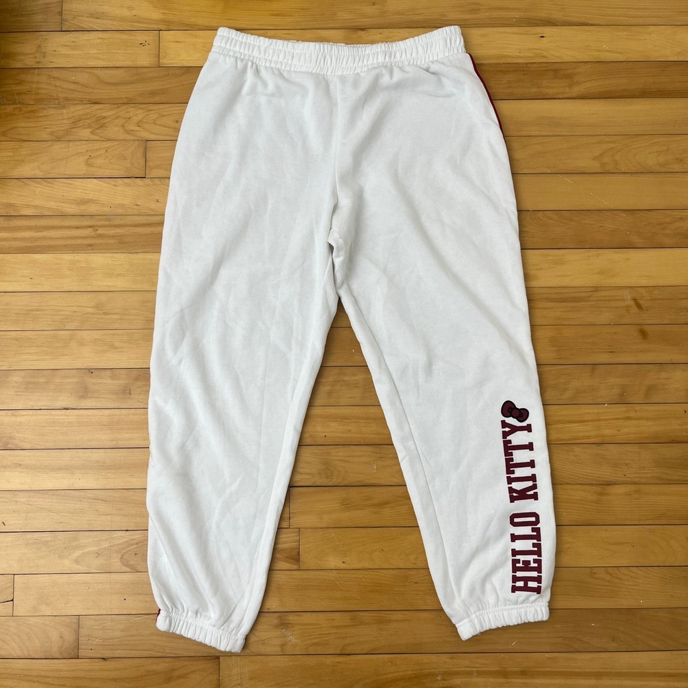 Hello Kitty Sanrio White Jogger Sweatpants Burgundy Side Stripe Graphic Mens L